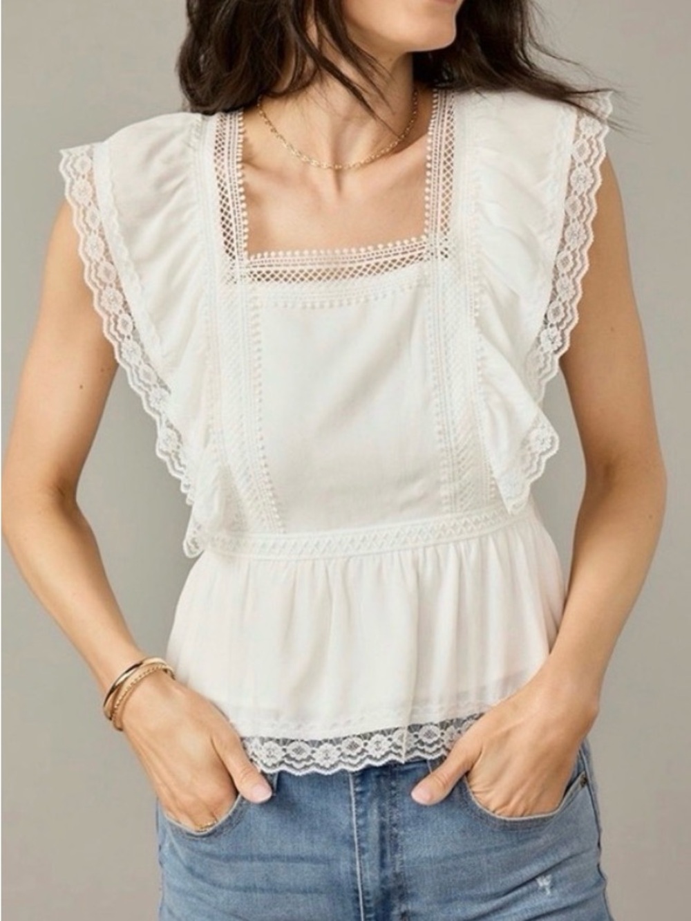 White Lace Square-Neck Ruffle Camisole - Women